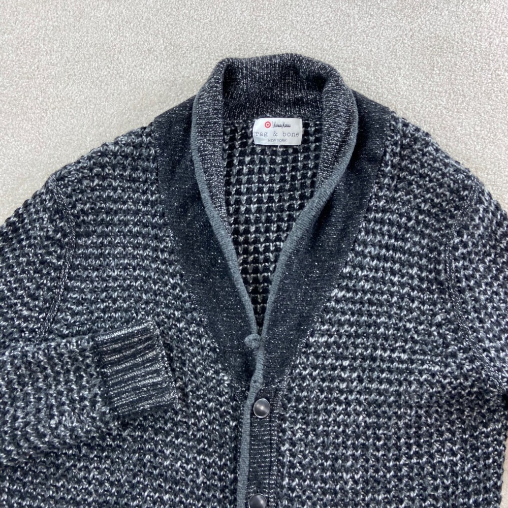 Rag & Bone Cardigan Mens L Black White Shawl Collar Waffle Knit Wool Blend
